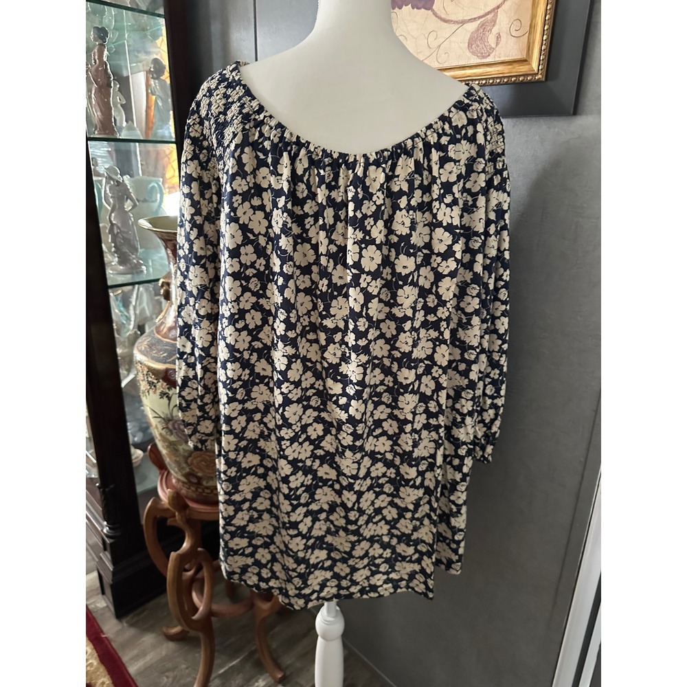Lauren Ralph Lauren Floral Peasant Blouse Navy Cream Cotton Modal 3X